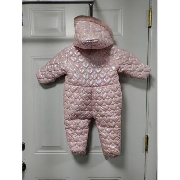 Rothschild & Co Baby Girls Hooded Quilted-Heart Footed Pram Faux-Fur Trim 12M - Picture 4 of 6
